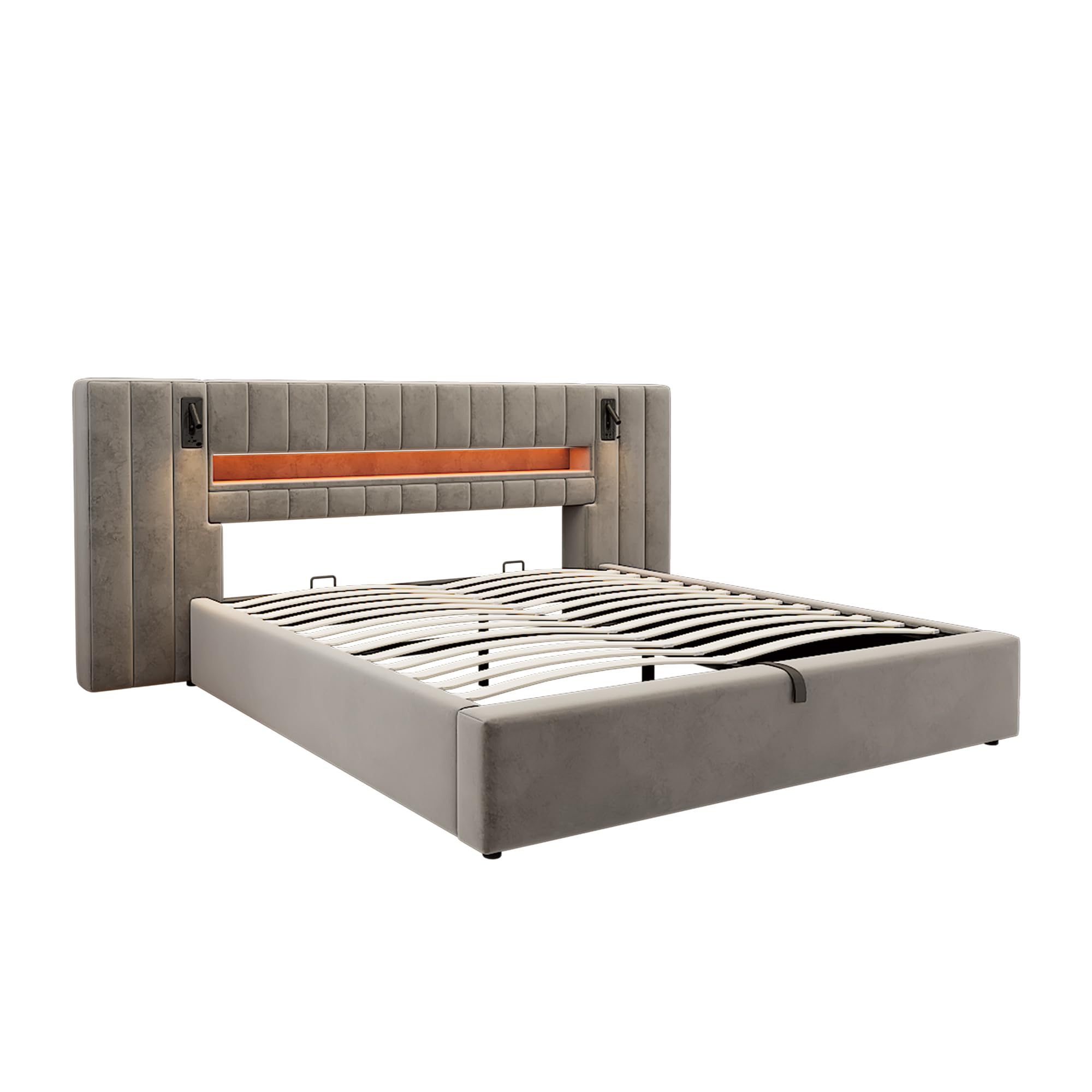 Moimhear Telaio letto imbottito con porta USB, letto matrimoniale, illuminazione a LED, lampada da comodino, con spazio contenitore, senza materasso, in velluto, grigio (180 x 200 cm)