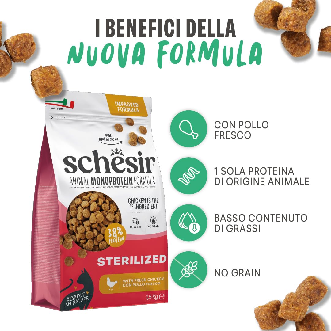 Schesir Animal Monoprotein Sterilized Pollo, Croccantini per Gatti Adulti Sterilizzati, Alimento Secco Monoproteico, Vitamine Aggiunte, Senza Conservanti e Coloranti, 10 kg