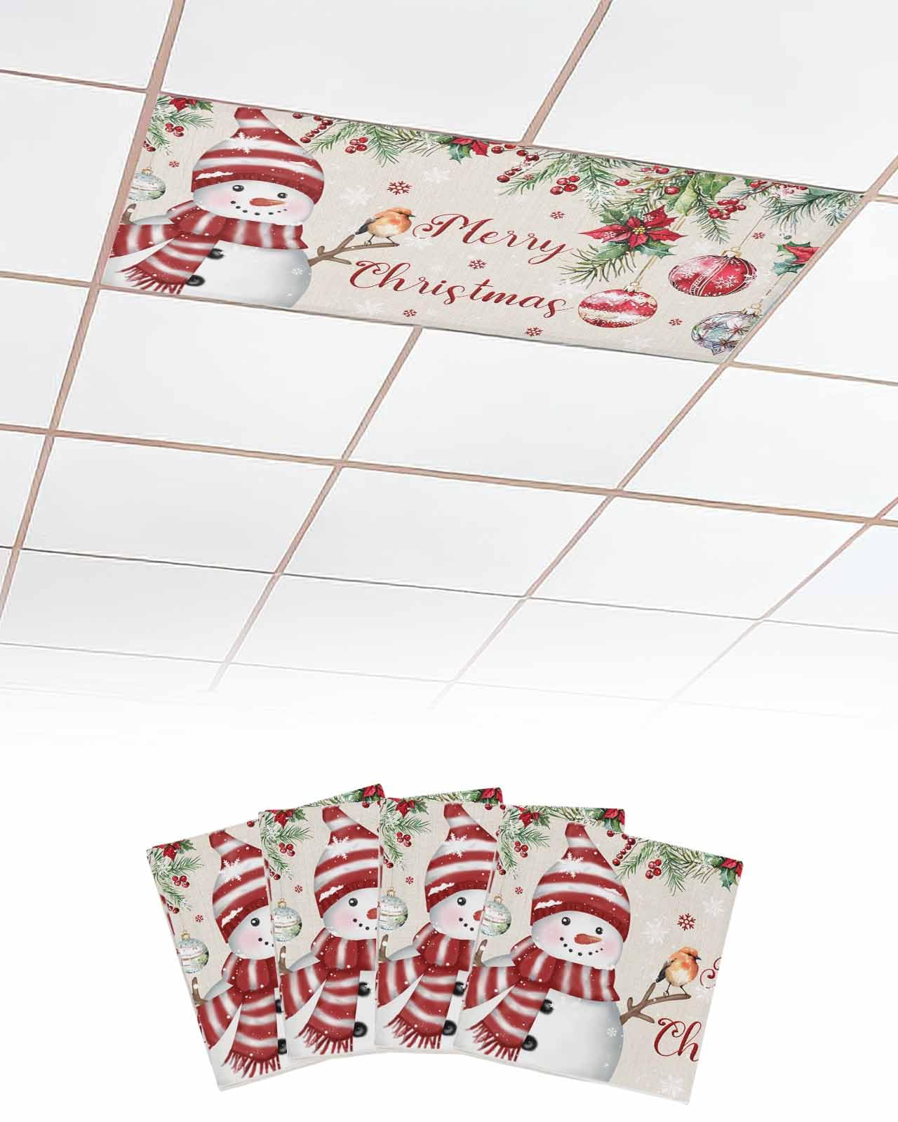 Merry Christmas 4 Pcs Fluorescent Light Covers for Ceiling Lights, Xmas Ball Poinsettia Red Berry Linen Texture Magnetic Light Filters for Eliminate Harsh Glare Classroom Office Decoration, 4 x 2 Ft