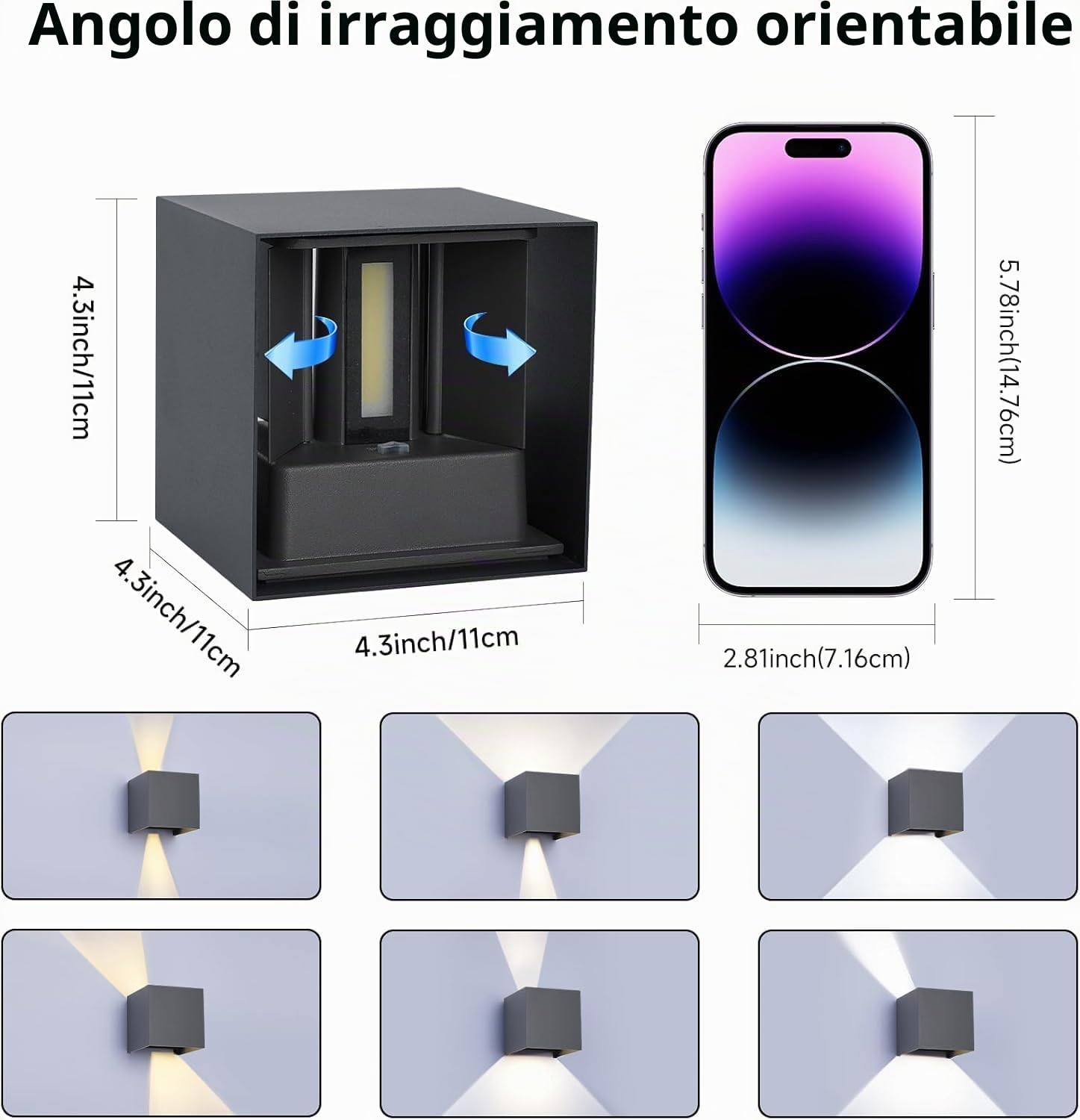 Applique da Parete Cubo 15W LED Nero 11cm | 4 pezzi, 3 colori regolabili, IP65 impermeabile, fascio luce 0-120°, interno ed esterno, design quadrato moderno