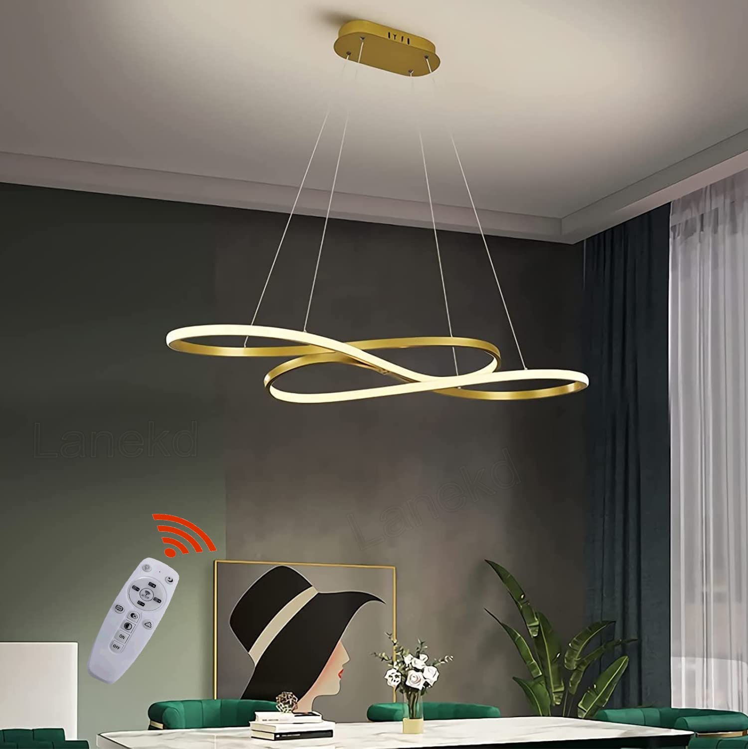 Modern Pendant Lights LED Chandeliers 48W Dining Room Table Dimmable Ceiling Light with Remote Control Kitchen Island Hanging Lamp for Bedroom Living Room Office Hallway Bedroom Bar Ceiling Lamp