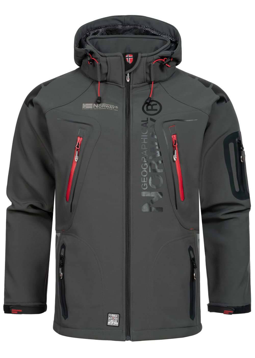 Geographical Norway Techno Men - Men's Waterproof Softshell Hooded Jacket - Comfortable Outdoor Jacket Tactical Windbreaker - Hiking Skiing Autumn Winter Spring (Dark grey-red XXL)