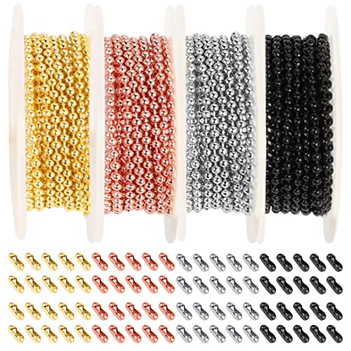 PP OPOUNT 40 Feet Stainless Steel Ball Bead Chain, 2.4 mm Adjustable Pull Chain Beaded with 200 PCS Matching Connectors, Beaded Chains for Jewelry Making (Gold, Silver, Rose-Gold, Black)