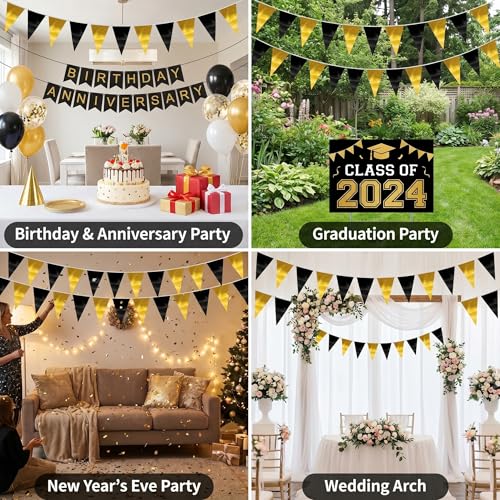 Image of 40M /130FT Black Gold Triangle Pennant Banner Flag Metallic Fabric Bunting Garland for Christmas Wall Hanging,Graduation Decorations, New Years Decorations,Father' Da