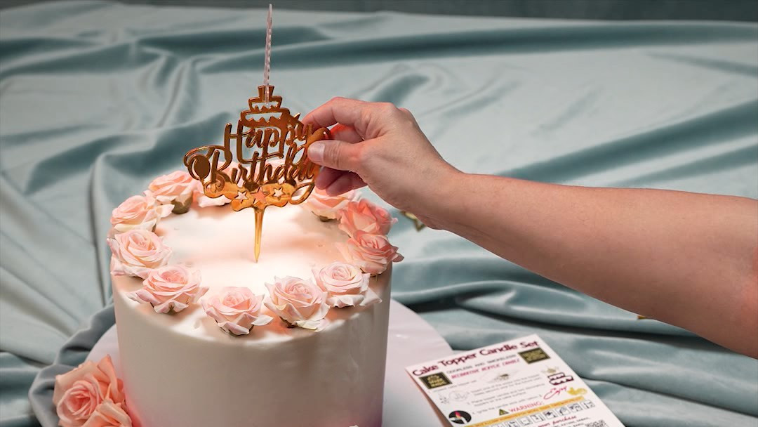 Candela Decorativa Per Torta "Happy Birthday" – Topper In Acrilico Dorato Con 2 Stoppini, Riutilizzabile Per Compleanni Eleganti - 3