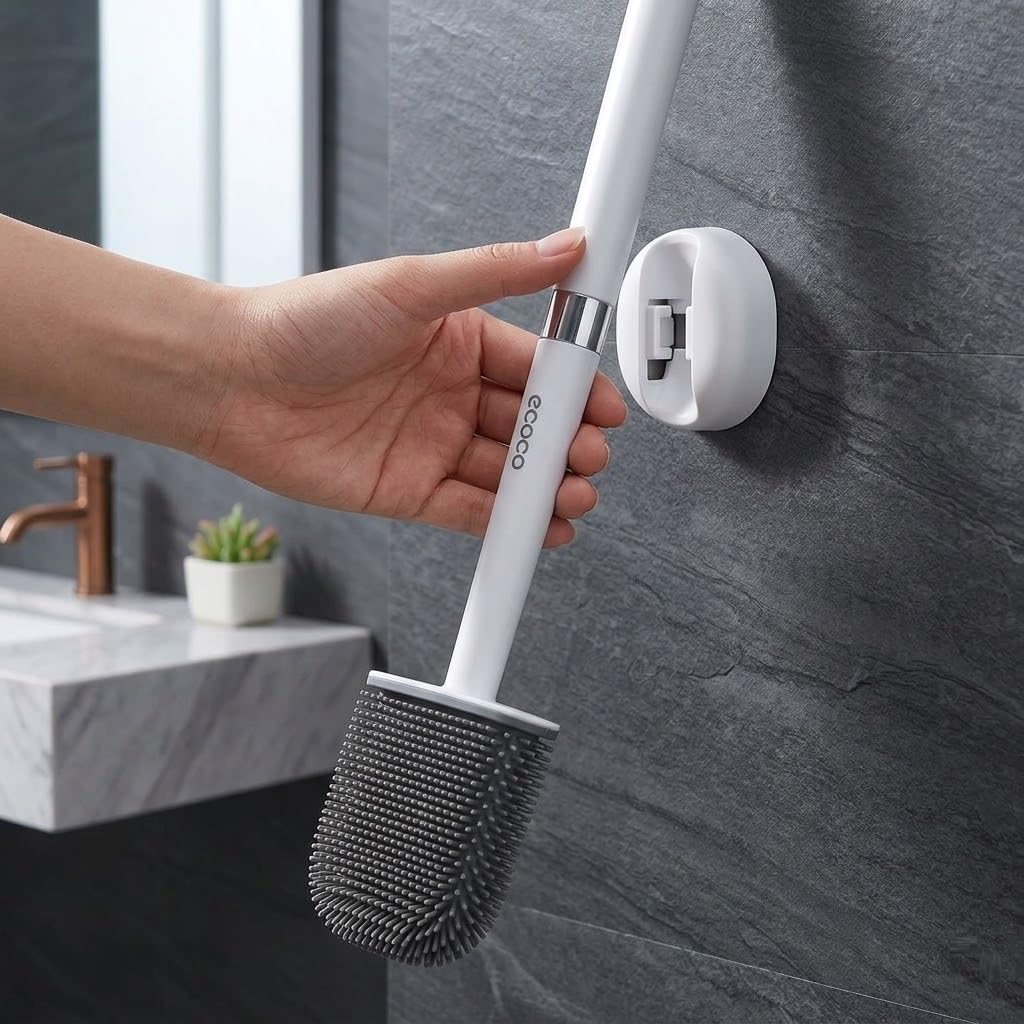 Silicone Toilet Brush with Magnetic Wall Mounted Holder for Bathroom Deep Cleaning, Flexible Flat Commode Cleaner Brush Set, Soft Non Scratch TPR Bristles, Long Handle Rim Scrubber (White/Grey)-image-19