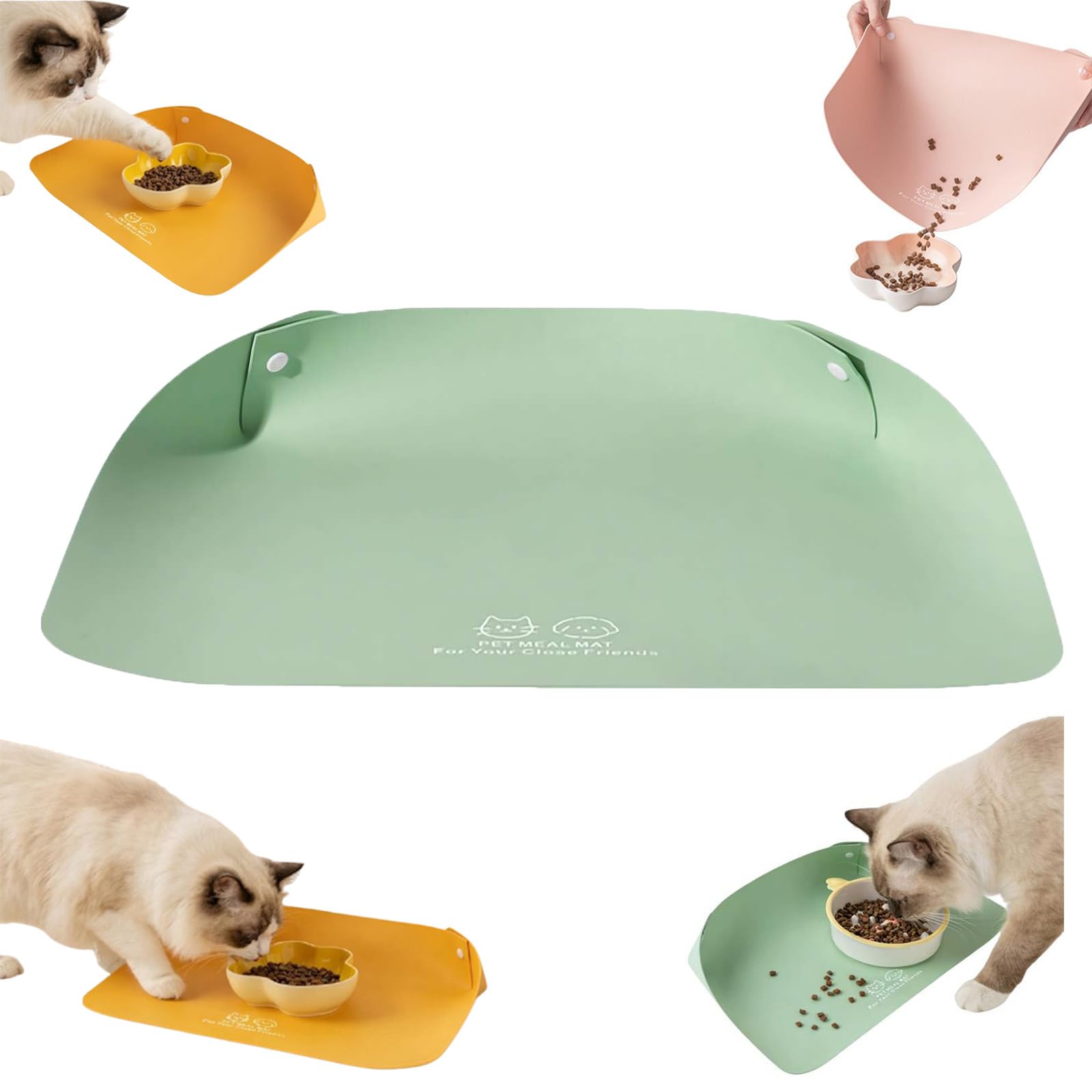Cat Food Mat, Faux Leather Pet Feeding Mat with Snap-Button Raised Edge | Anti-Slip Waterproof Dog Bowl Placemat for Food and Water, Easy Clean Wipeable Floor Protector, 50x35 cm