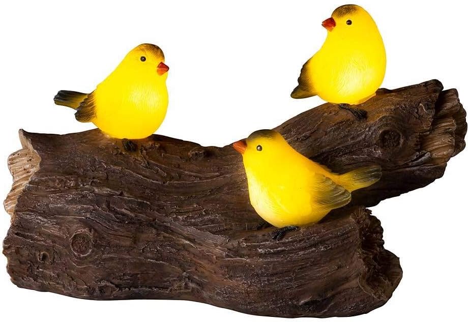 Wind & Weather 9-Inch Long by 5-Inch Wide by 6-Inch High Solar-Powered Three Lifelike Yellow Finches on a Log Garden Sculpture That Glows Warmly After Dark