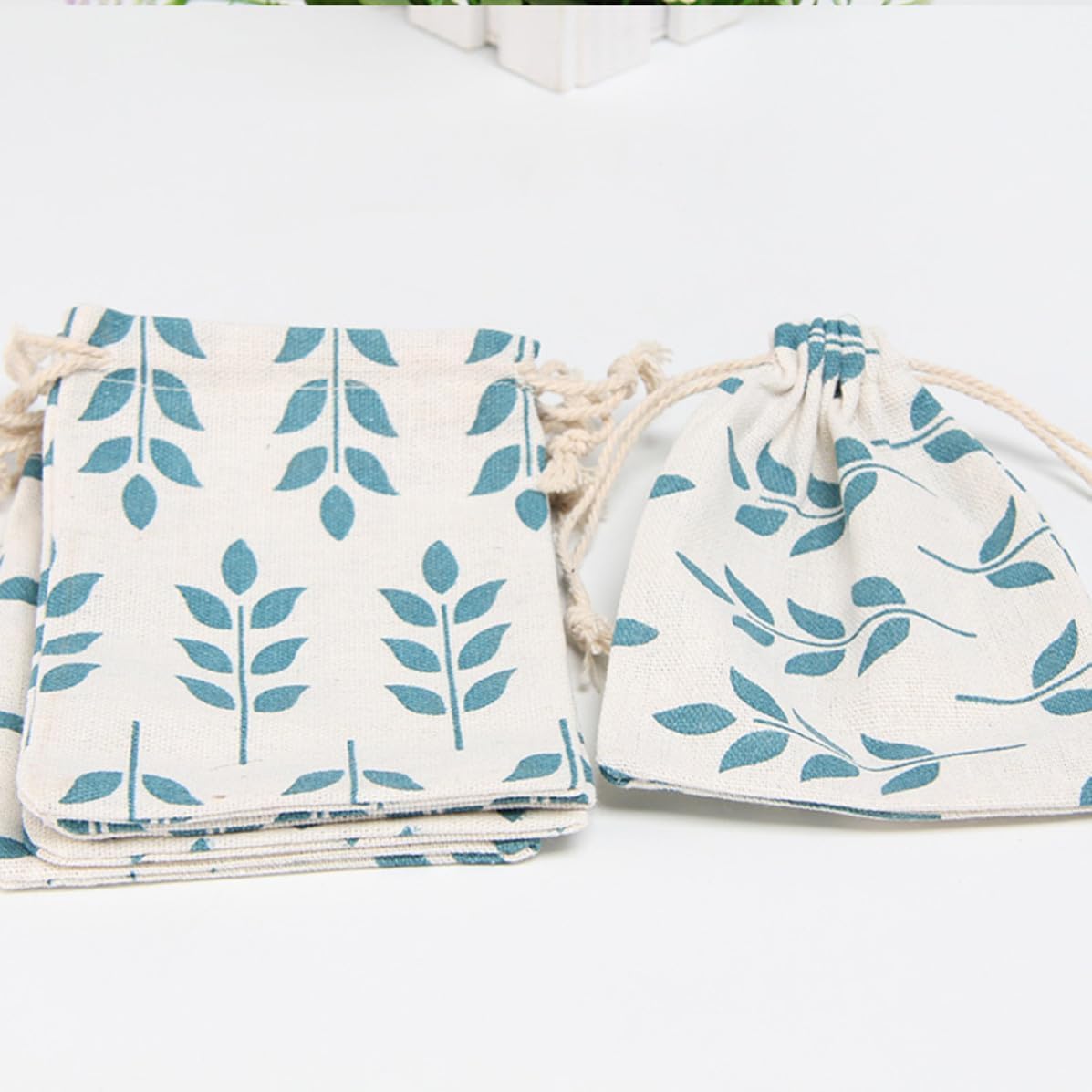 Green Leaf Cotton Drawstring Storage Bag 12pcs for Jewelry and Travel image 4