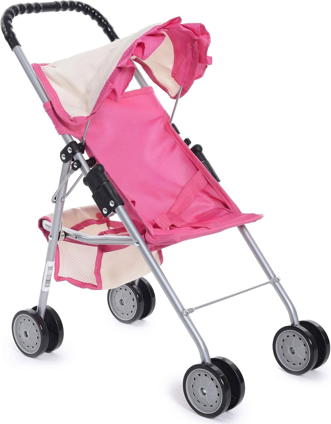 fash n kolor My First Doll Stroller with Basket - Pink Off-White Foldable Doll Stroller - Fits Upto 18" Dolls, 2 Free Magic Bottles Included