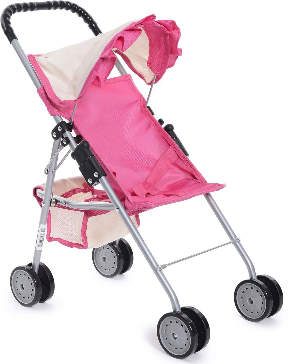 fash n kolor My First Doll Stroller with Basket - Pink Off-White Foldable Doll Stroller - Fits Upto 18" Dolls, 2 Free Magic Bottles Included