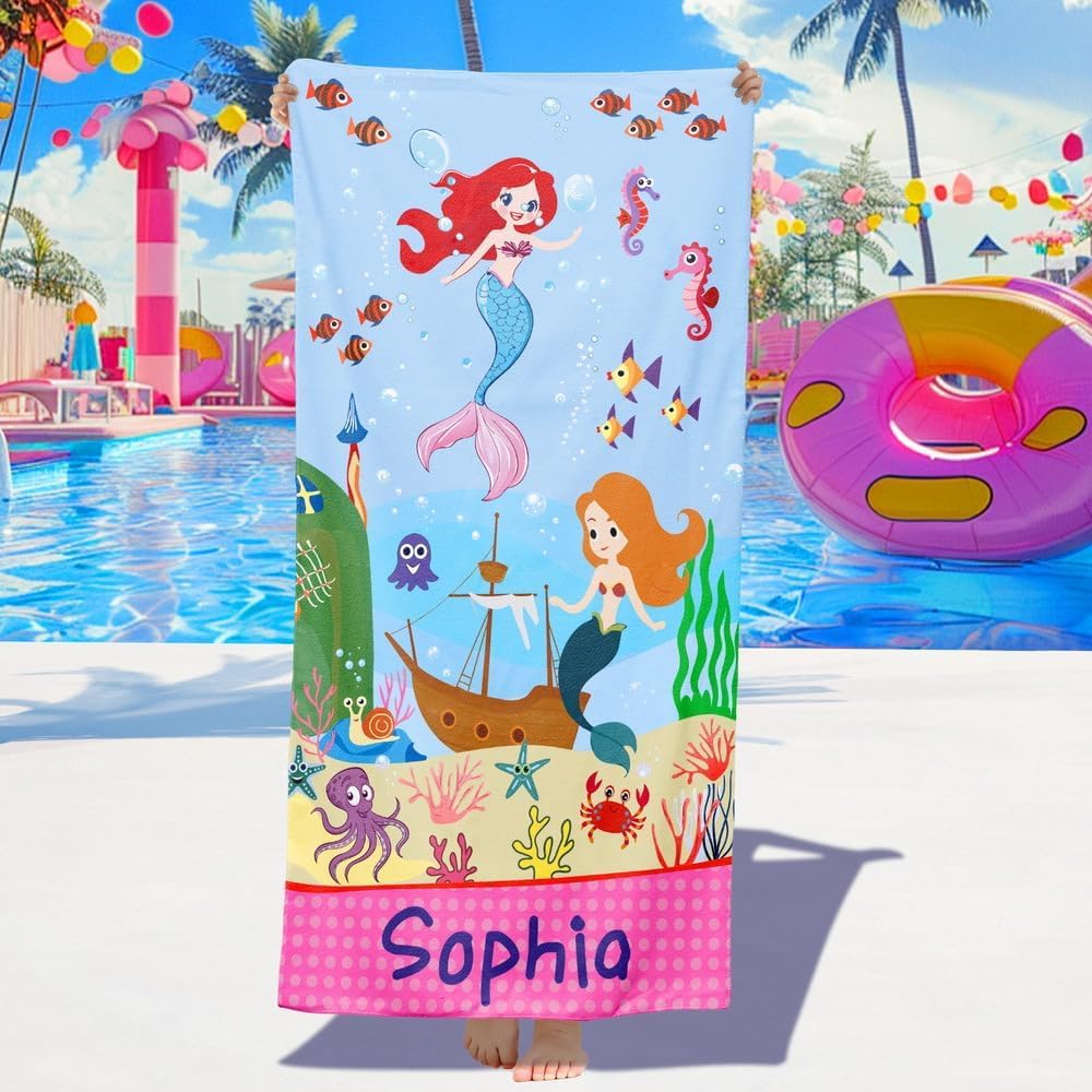 Loosusu Personalised Beach Towels for Kids - Custom Beach Towels with Monogram & Name- Ultra Absorbent Super Soft Swimming Towels for Kids,Customised Bath/Pool/Beach Towel for Boys Girls(Mermaid-C)
