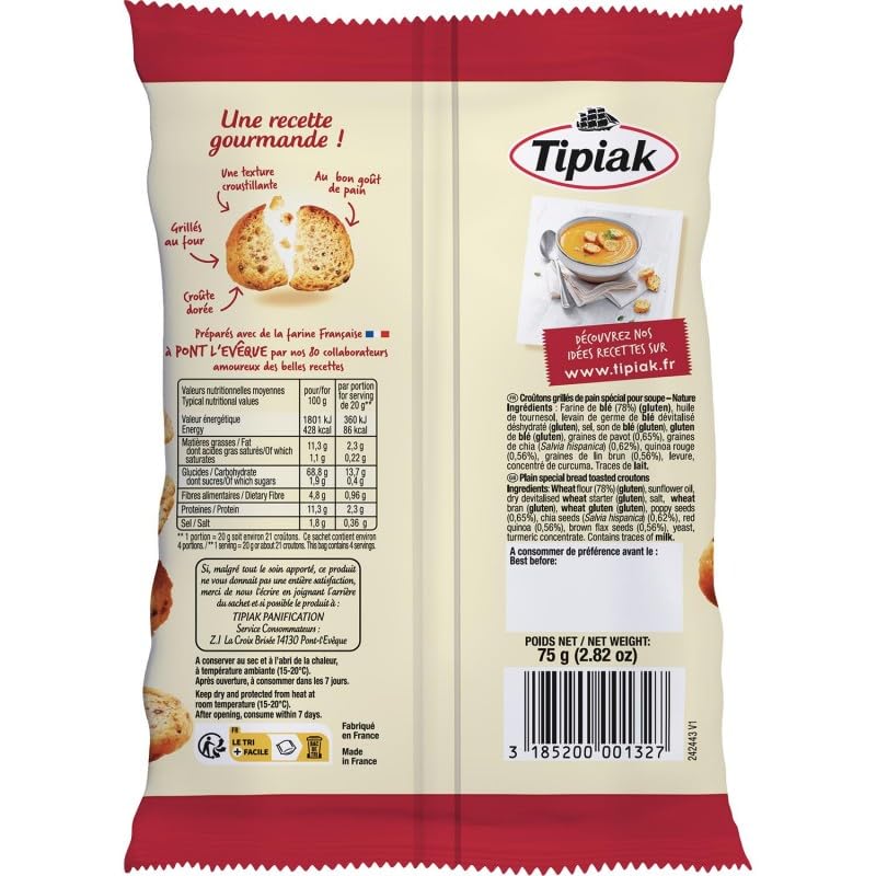 Croûtons de Pain Croustillants Tipiak - 75g | Idéal pour Salades et Soupes | Saveur Naturelle et Croustillante | Epicerie Salée de Qualité - Le Lot De 4
