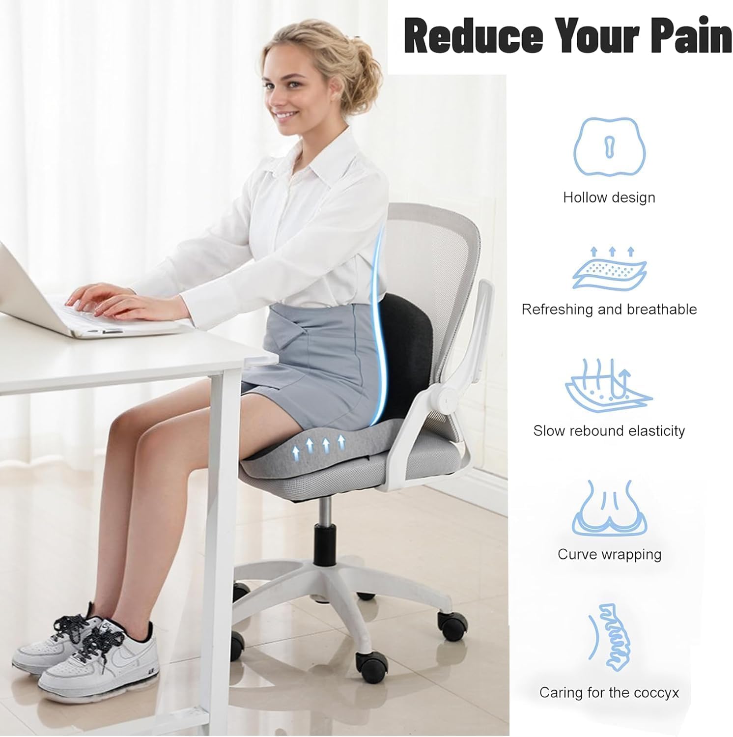HoldOneLight Ergonomic Memory Foam Seat Cushion, for Office Car, Gaming & Dining Chairs, Sciatica - Image 3