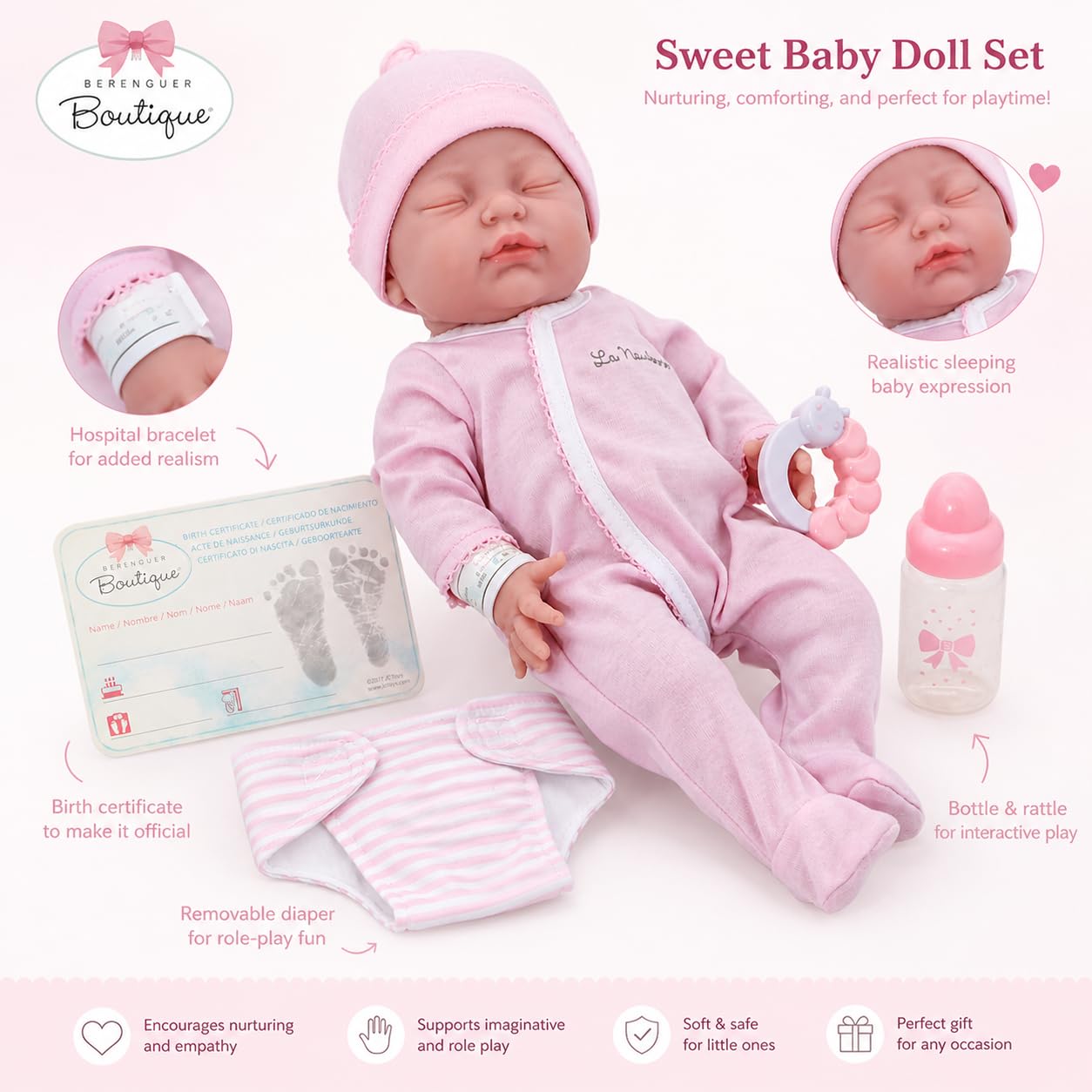 JC Toys - Bambola da 43,2 cm, realistica, lavabile, interamente in vinile, con occhi chiusi, set regalo rosa, blu