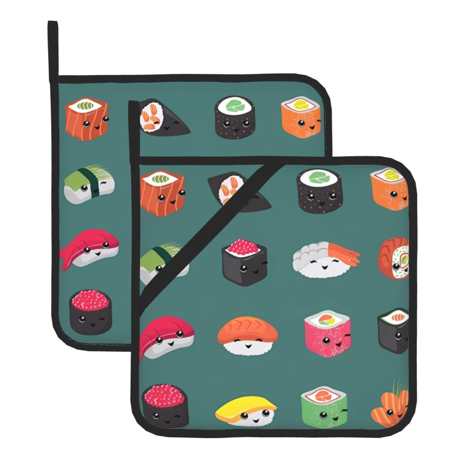 YYHWHJDE Sushi Prints Square Hot Pads for Kitchen Counter - Waterproof Pot Holders with Hanging Loop, Durable Trivets for Microwave Oven - 2 Pack