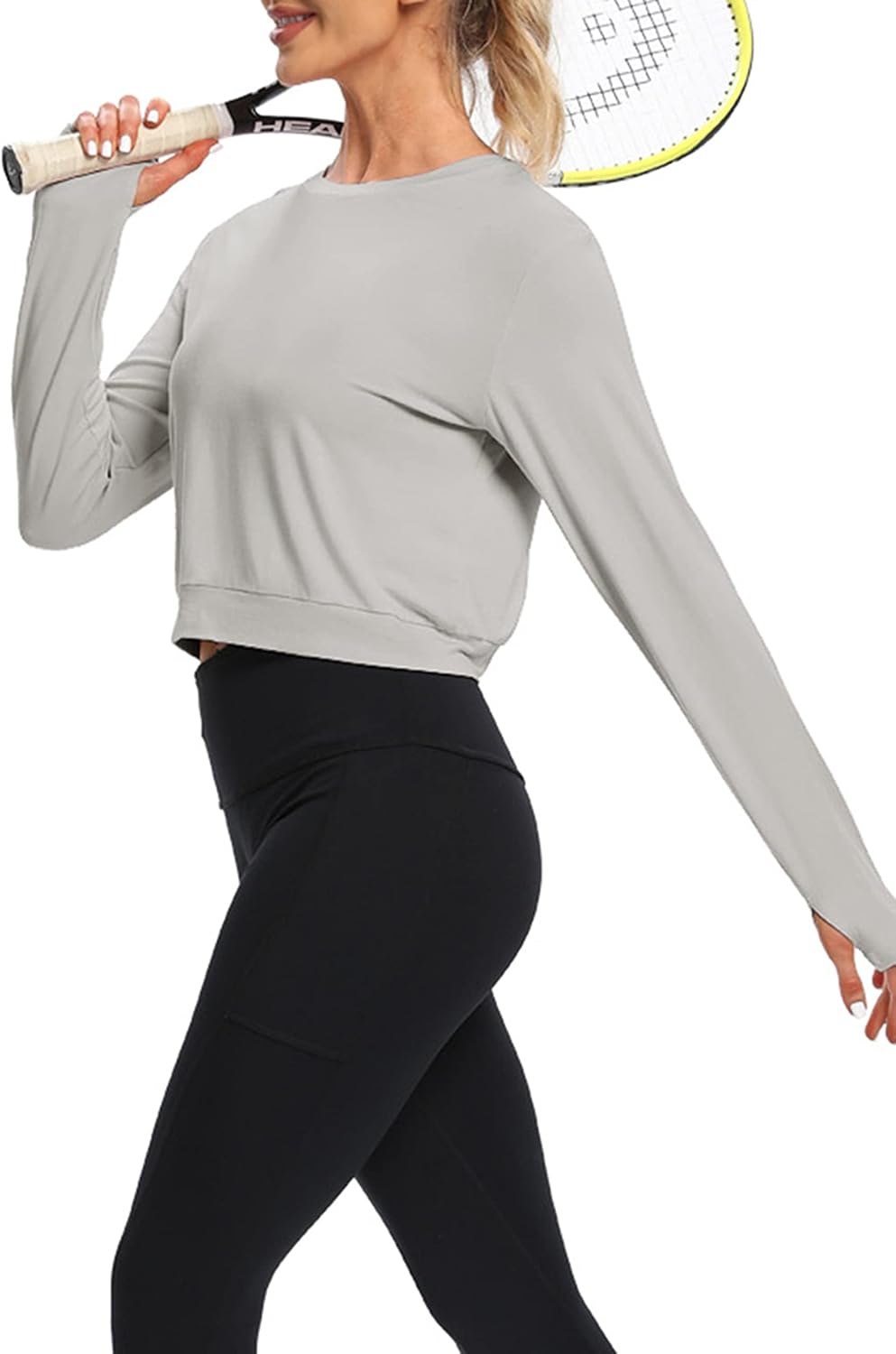Bestisun Long Sleeve Workout Shirt Cross Back Cropped Running Athletic Tops for Women Thumb Hole - Image 5