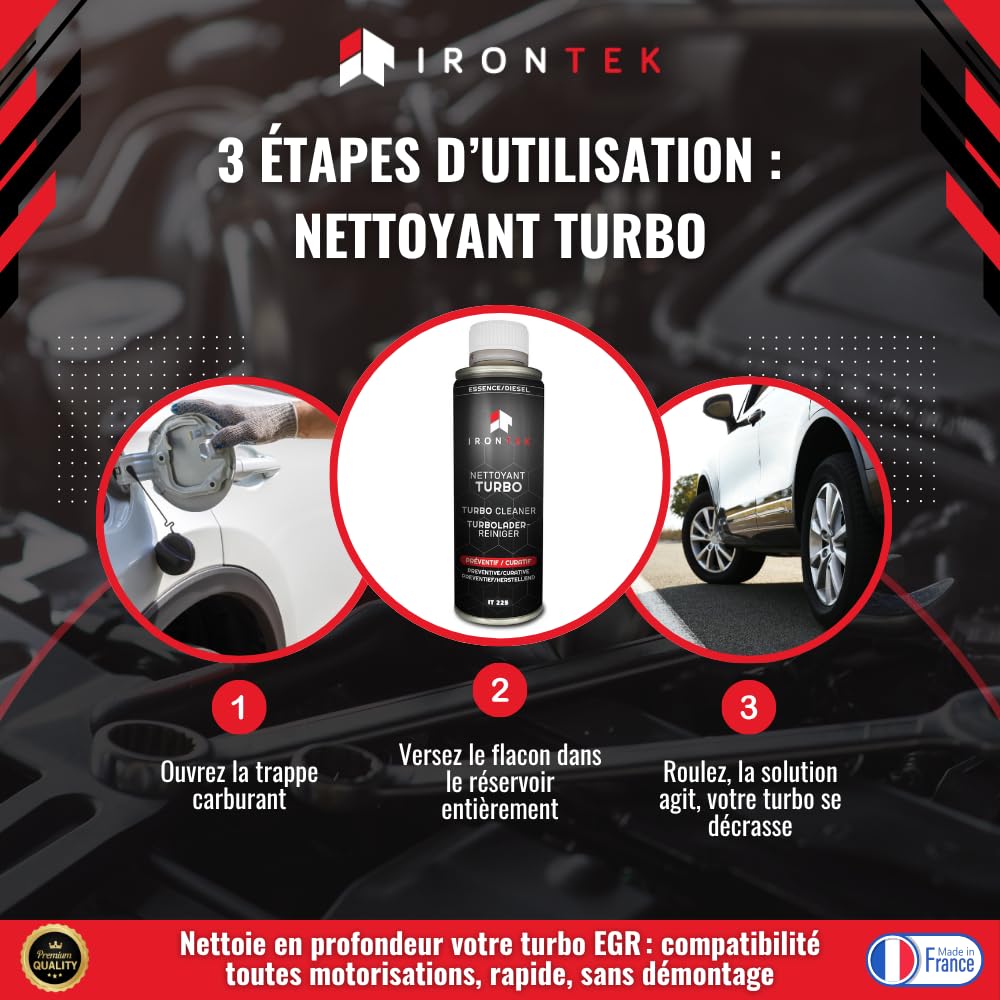 Nettoyant Turbo Diesel et Essence sans Démontage 300ml - IRONTEK | IT225 | Nettoyage Complet du Turbo | Efficacité Professionnelle | Préventif & Curatif