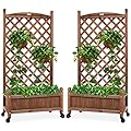 Best Choice Products Set of 2 48in Wood Planter Box & Diamond Lattice Trellis, Mobile Outdoor Raised Garden Bed for Climbing Plants w/Drainage Holes, Optional Wheels - Walnut