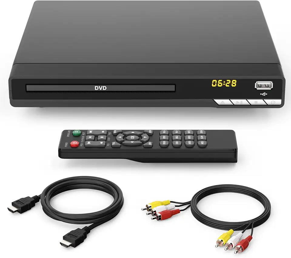Leitor de DVD HD 1080p para TV com HDMI, sem região, leitor de CD para casa, reproduz todas as regiões e formatos, mini leitor de DVD com cabos USB, controle remoto, HDMI e RCA incluídos (DVD-004)