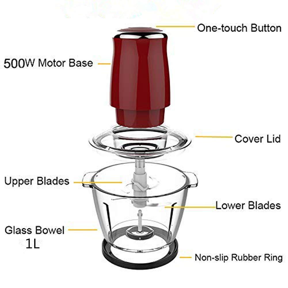 Electric Meat Grinder 1L Glass Bowl Mincer Blender Chopper Food Processor for Meat Vegetable Fruit 500W Powerful Motor 4 Sharp Stainless Steel Blades