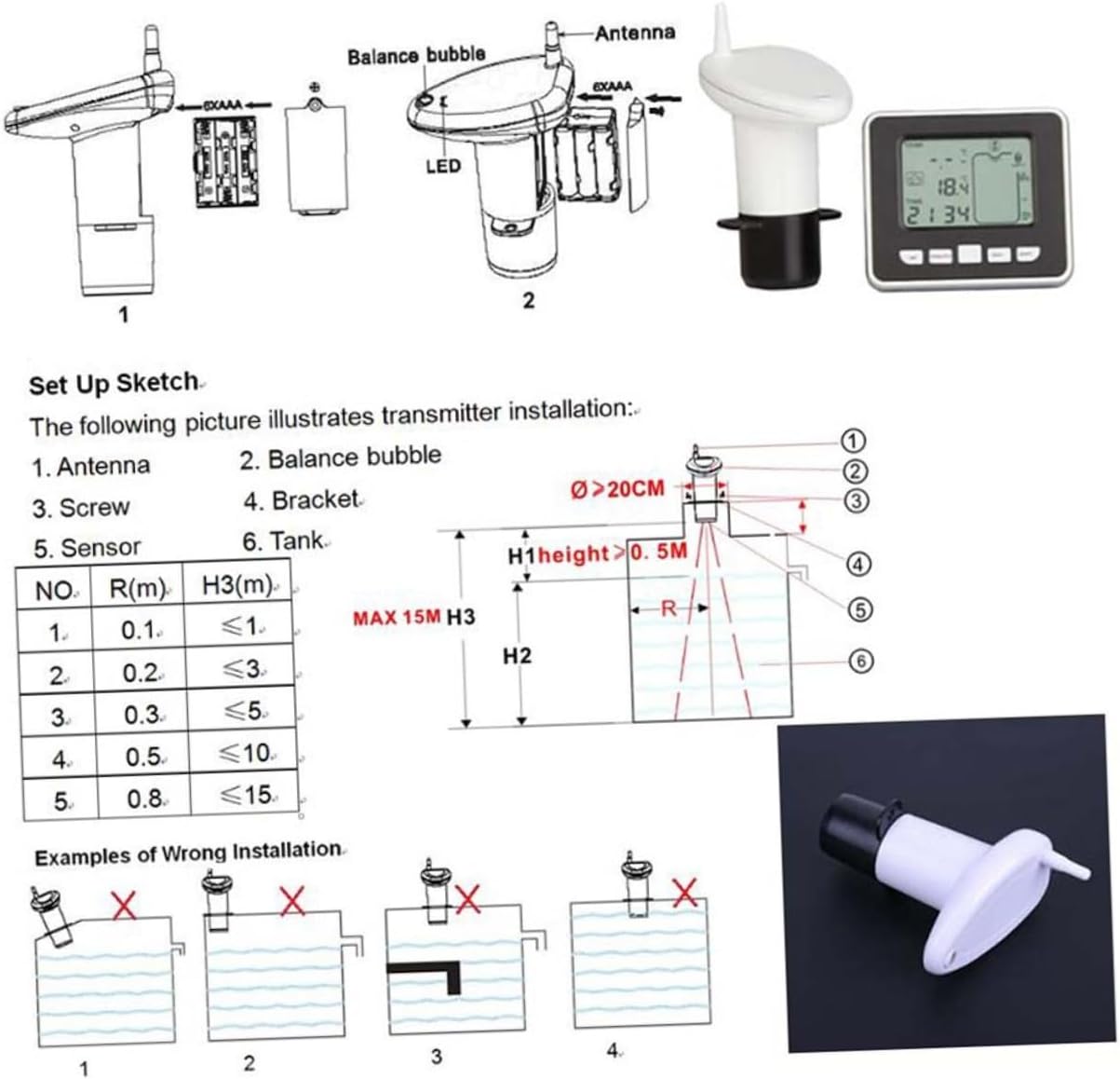 Water Level Meter Tank Gauge Ultrasonic Level Sensor 100m Range Indoor/outdoor Temp Monitoring