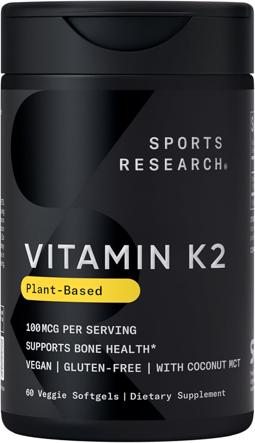 Sports Research Vitamin K2 as MK-7 100mcg with Coconut MCT Oil - 60 Veggie Softgels 2 Month Supply Vegan Certified, Non-GMO Verified, Gluten & Soy Free - Citrus Aroma