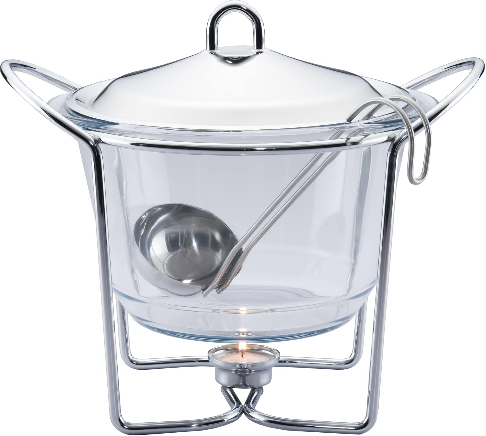 4 Quart Soup Warmer | Soup Tureen for Parties Buffet, Stainless Steel Soup Chafer with Glass Serving Dish and Ladle