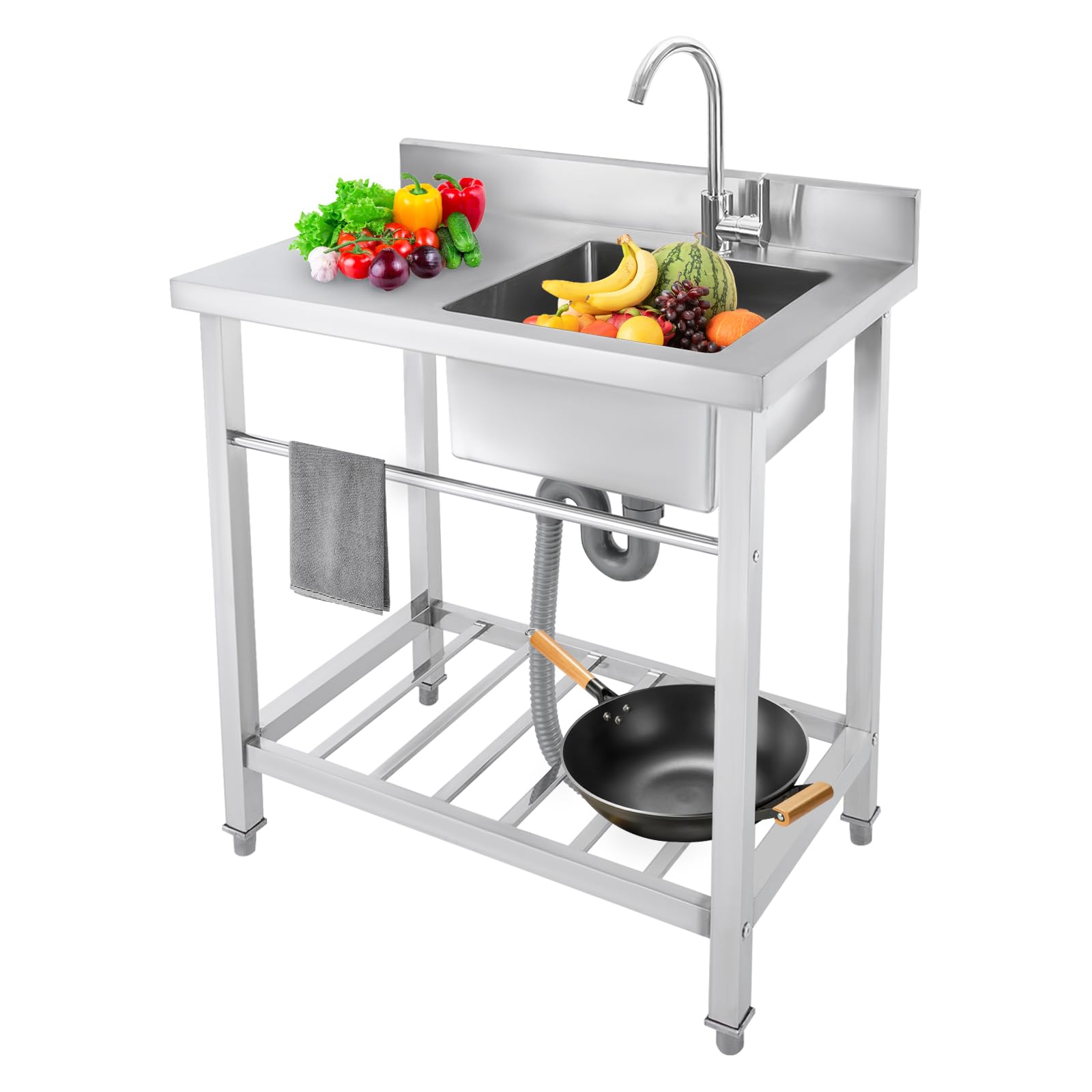 Évier Cuisine sur Pied Évier,Inox Autonome Professionnel avec Robinet Pivotant 360° Étagère et Dosseret Anti-Éclaboussures, Grande Capacité 100kg pour Jardin Garage Restaurant Camping, 80x55x84cm