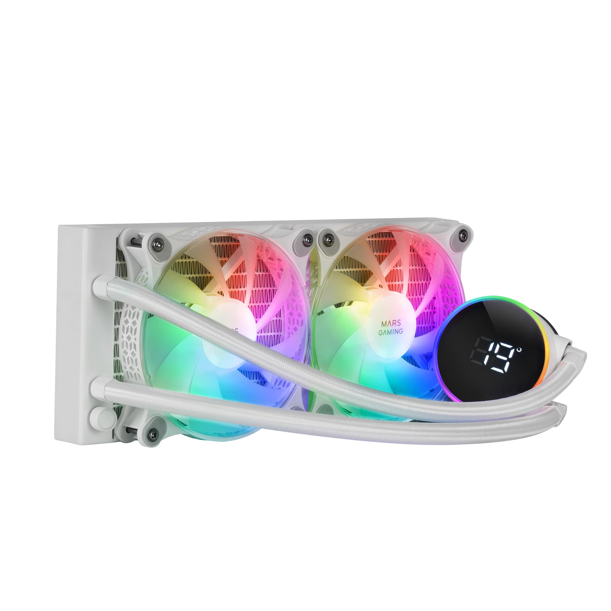 Mars Gaming ML-LCD240, Liquid Cooled AIO, TDP 500W, 2x FDB ARGB 120mm Fans, LCD Display with Temperature Monitoring, Opti-Chamber Pump 3rd Gen, Universal Multisocket, White