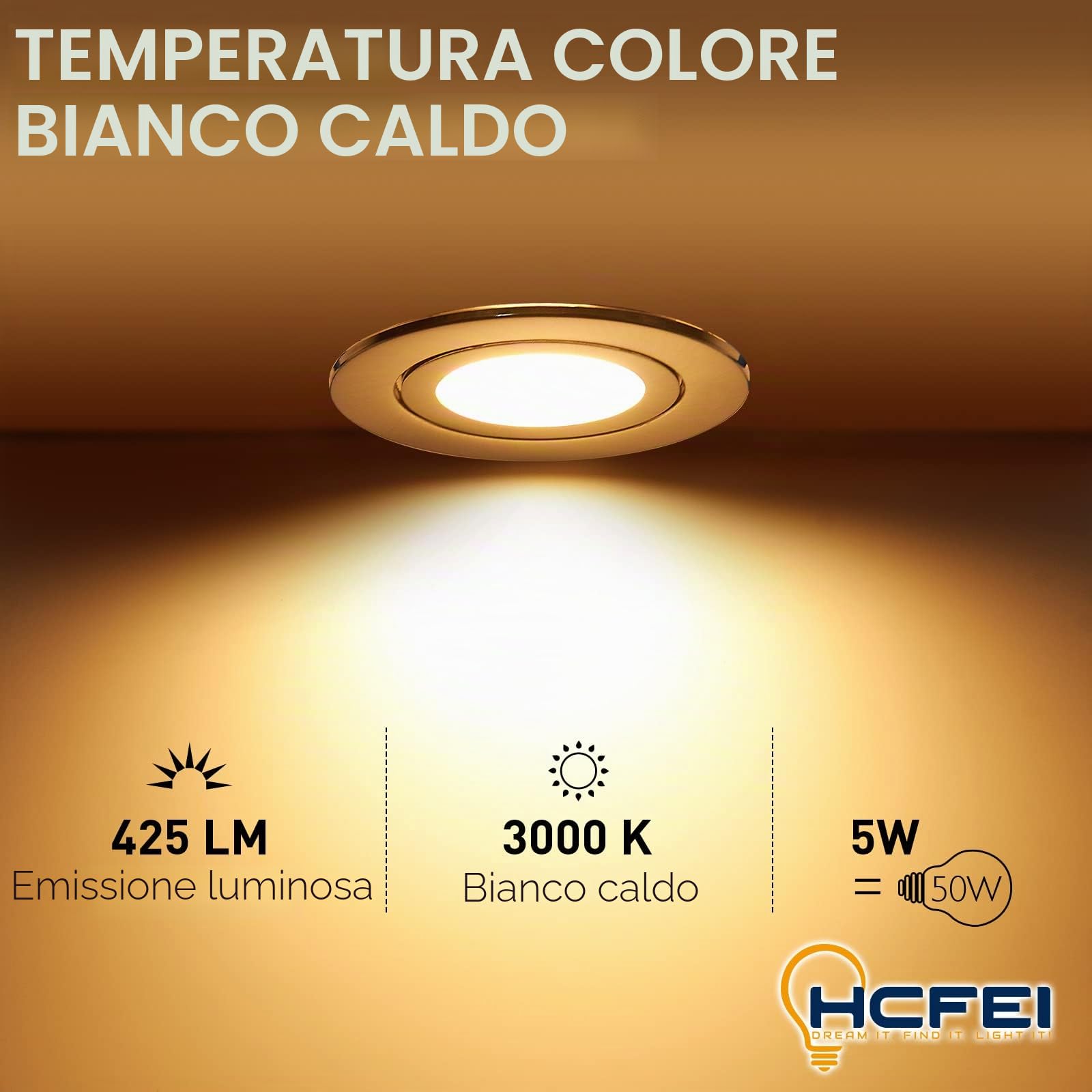 HCFEI Set di 6 faretti a LED da incasso, rotondi, 5 Watt, dimmerabili, luce bianca calda, 3000 K, 230 V, IP44, adatti per bagno, cucina, foro di foratura Ø 60-70 mm, angolo di diffusione di 120°
