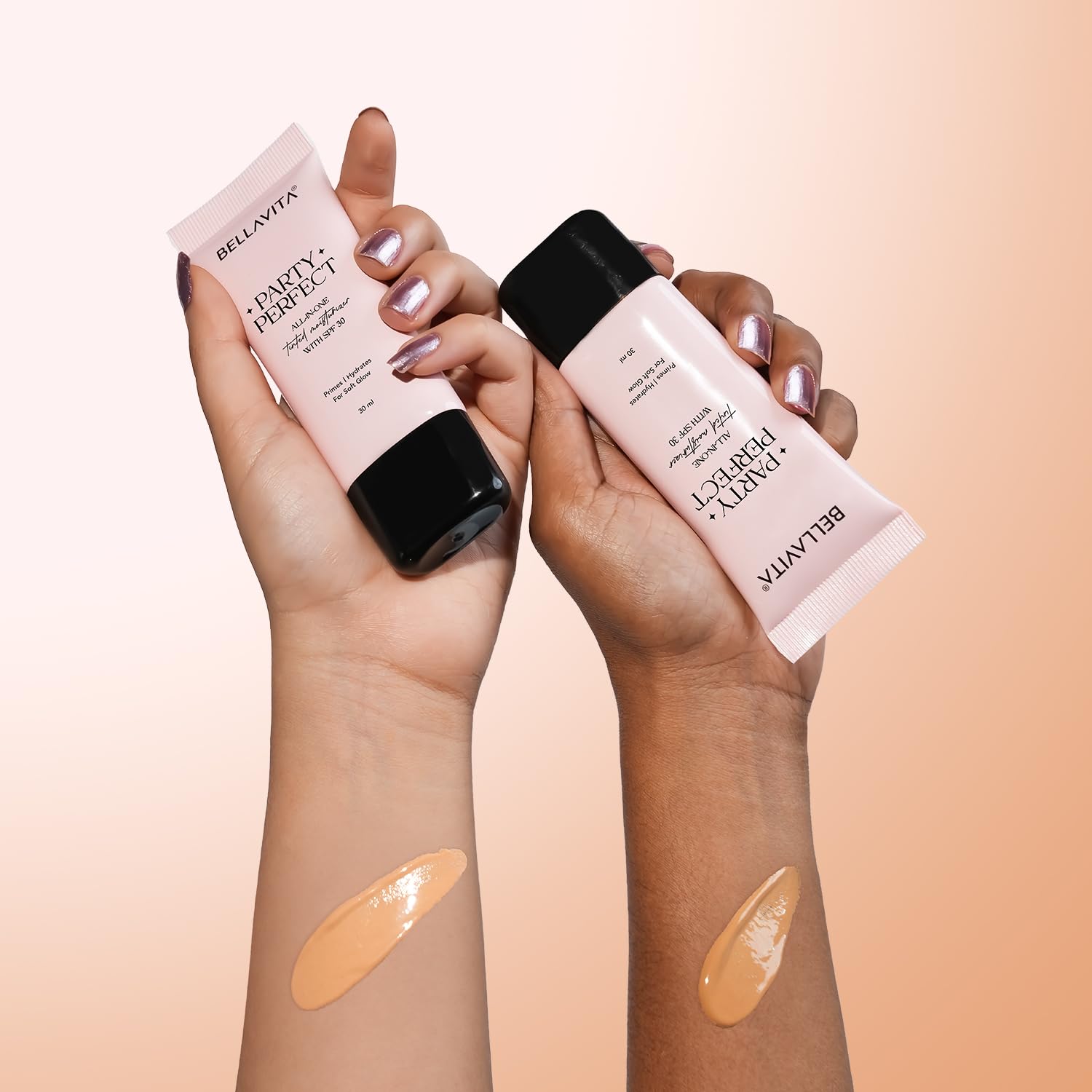 BELLAVITA Party Perfect All-in-one Tinted Moisturizer with SPF 30 | Hydrating Skin Tint, Face Primer & Sunscreen | Lightweight Formula with Adaptive Tint for Natural, Dewy Glow | 30ml (Medium Shade) - Image 4 thumbnail