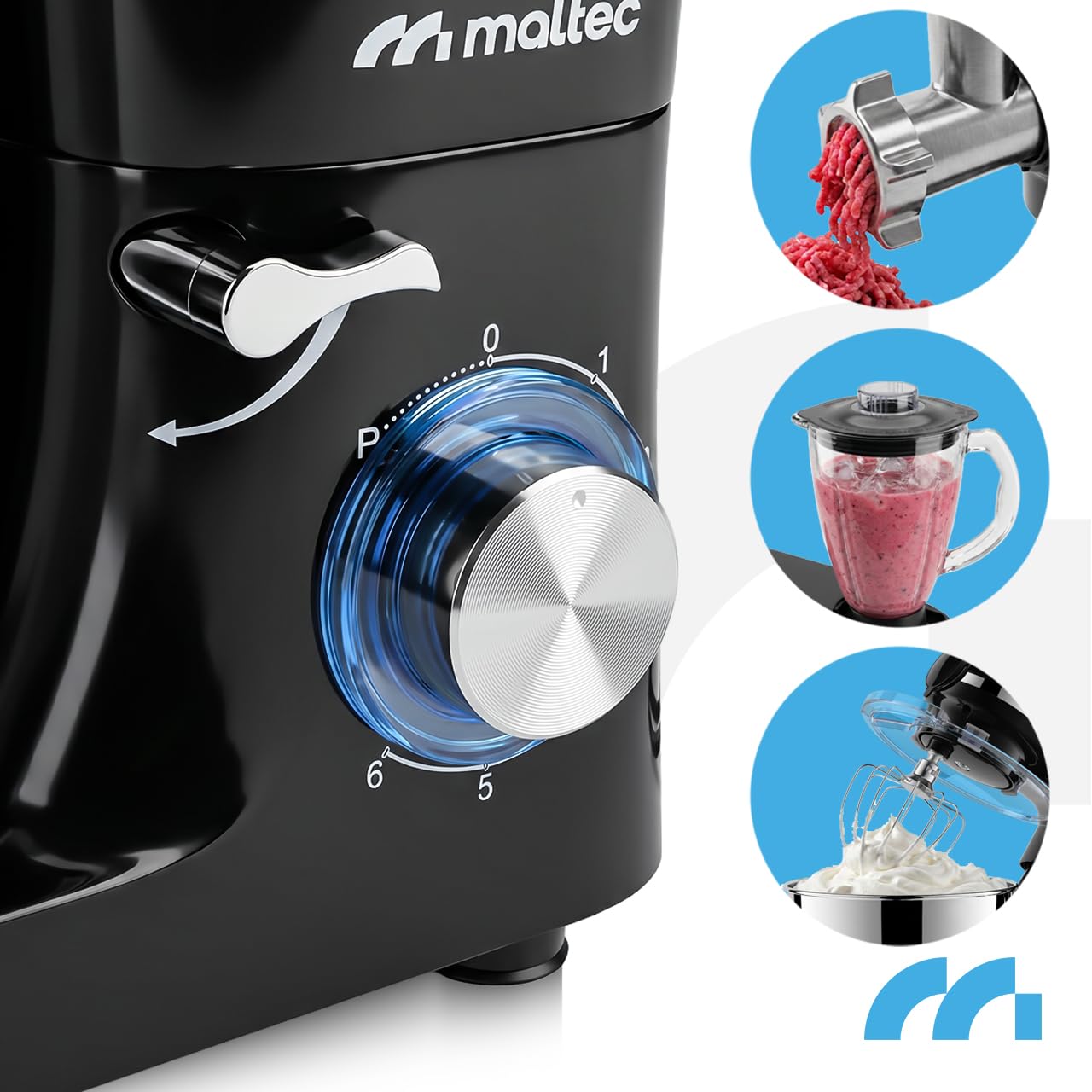 MalTec Robot kuchenny 3 w 1, 2000 W, 6,2 l, mieszadło planetarne, nasadka blendera 1,5 l, maszynka do mięsa, nasadki do makaronu i rozdrabniacz – ugniatarka, ubijanie, miksowanie, kremy, smoothie