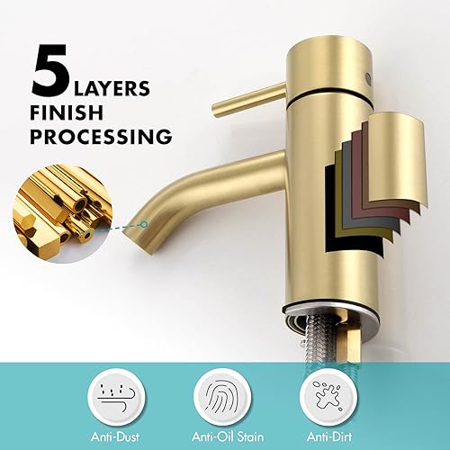 Miniatura 7 de Grifo de baño de oro cepillado, grifo de lavabo de baño de un solo agujero, moderno grifo de tocador de una sola manija con drenaje emergente y