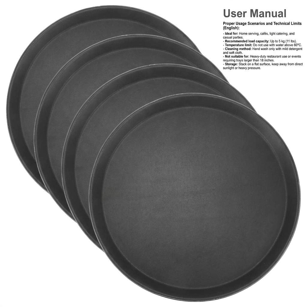 QWORK Vassoio rotondo antiscivolo da 35,5 cm, confezione da 4, in plastica nera con rivestimento in gomma