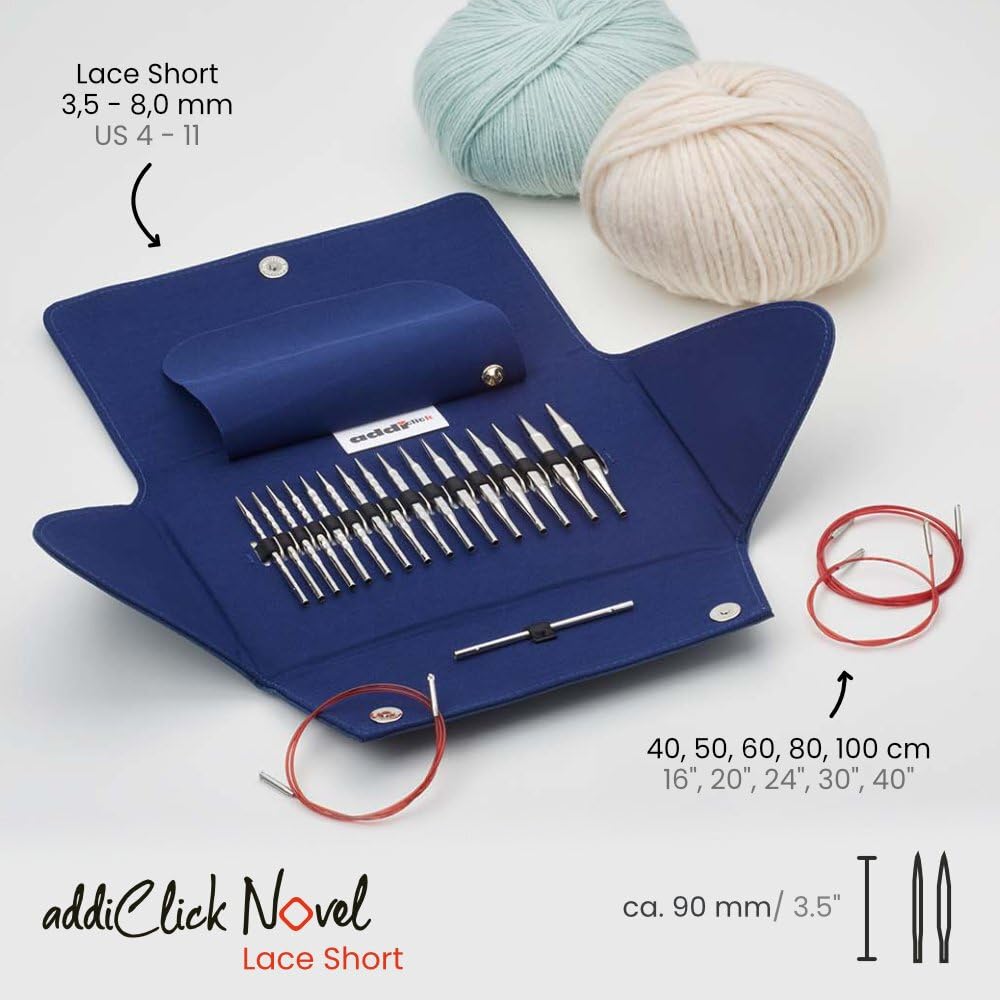 Addi Click Novel Lace Short Tip Set-8 PRS, 5 sznurków, 1 złącze, metal, rozmiar Oine