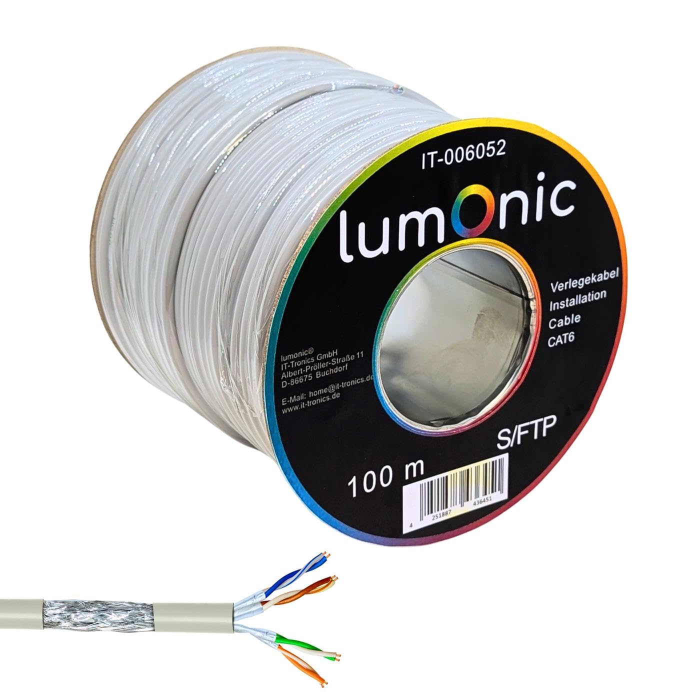 Lumonic 100m Câble de réseau CAT 6 S/FTP PIMF I Cat6-câble, Gigabit Lan Câble, Ethernet Câble I Câble de pose flexible blindé, pour l'intérieur jusqu'à 250 MHz
