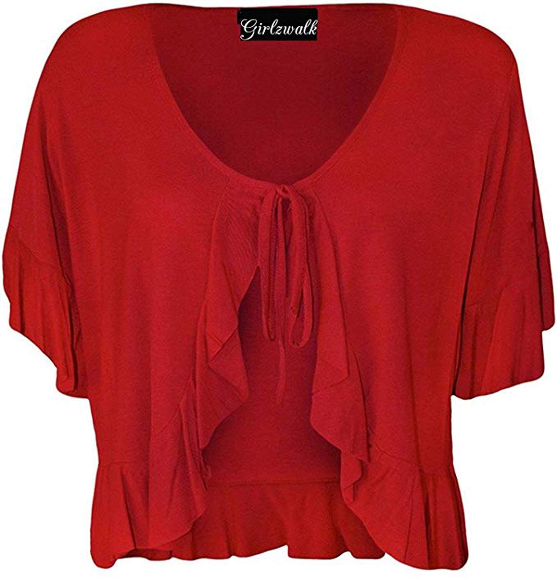 Gostyles Women's Red Gostyles® Short Sleeve Stretch Frill Front Tie Cardigan, Elegant Summer Layer Cropped Bolero Shrug Top (, 18)