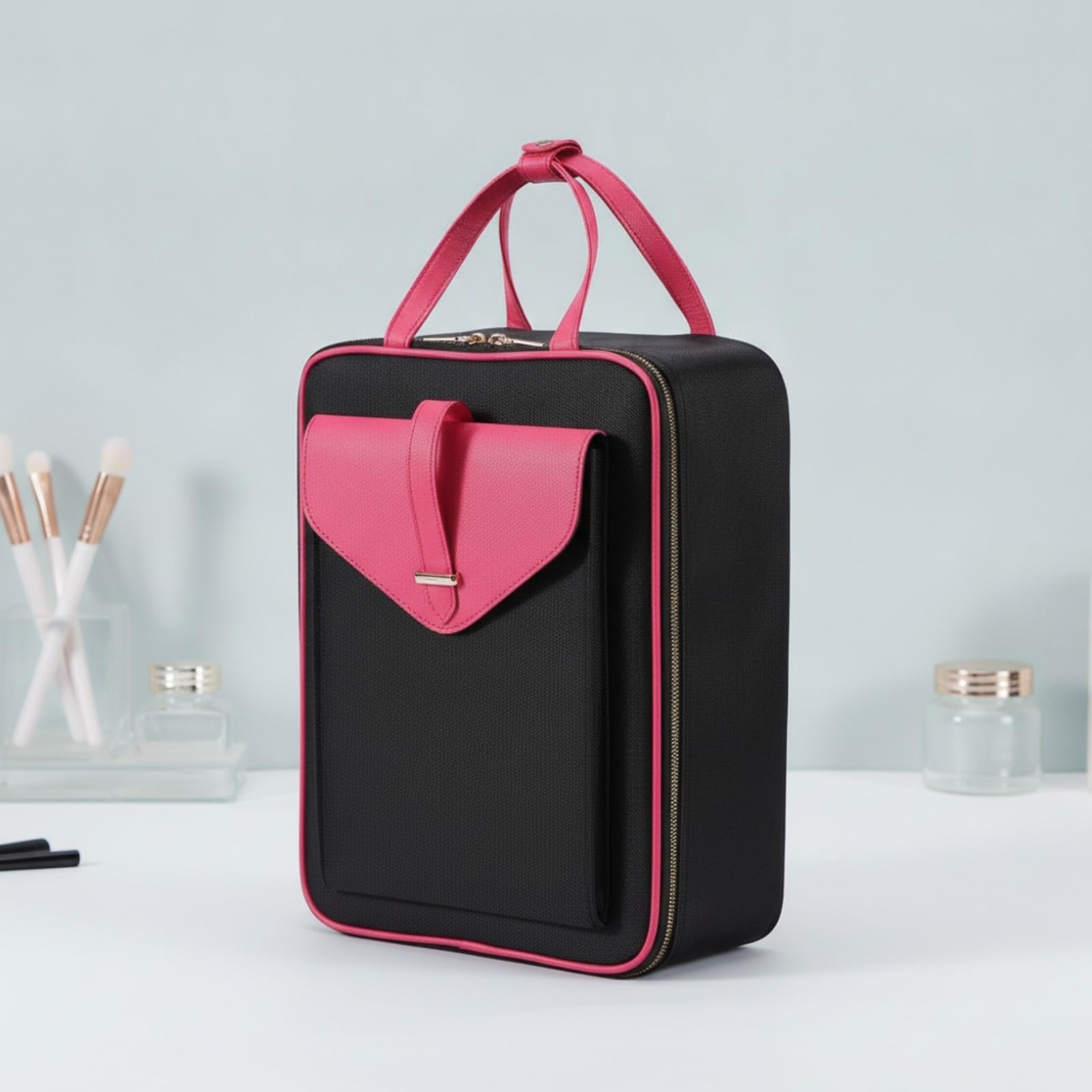 MERIGLARE Make-up-Organiz mit Tragegriffen gäumig große Handkosmetiktasche mit Reißvschluss leicht zu reinigen für Visagisten, Heimgebrauch, L