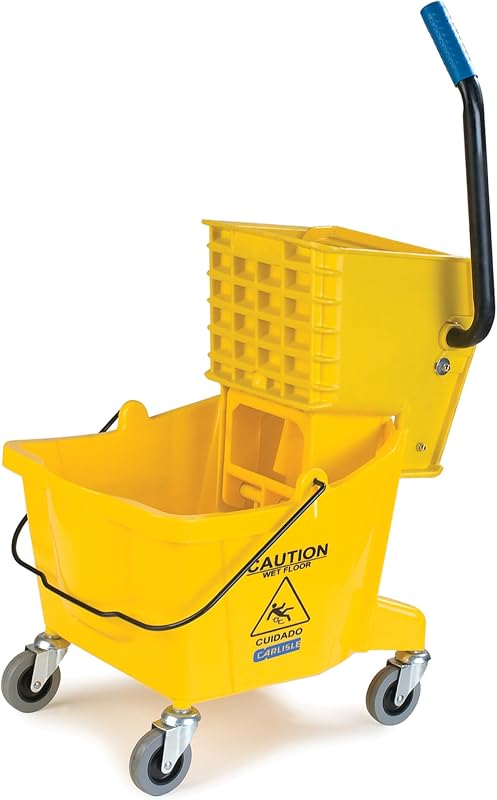 26 Qt Mop Bucket with Side Wringer, Yellow | 18.5 x 16.5 x 16.5 in, 34.25-in Handle, Polypropylene, 50,000-Cycle Wringer, Non-Marking Casters, Assembly Required