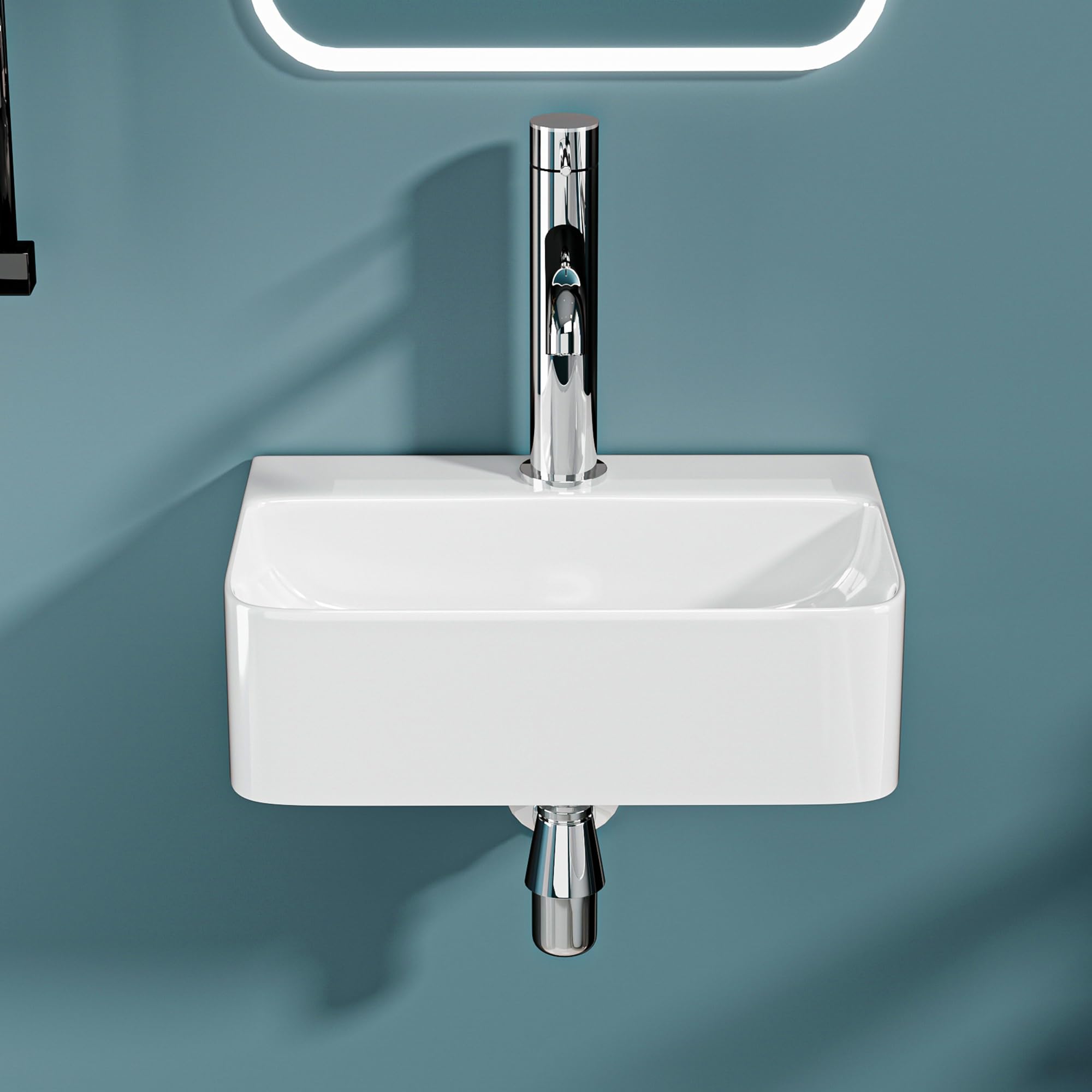 Lavabo de cerámica blanca brillante - Ideal para espacios pequeños, aseos, WC y pequeños baños, diseño limpio y moderno