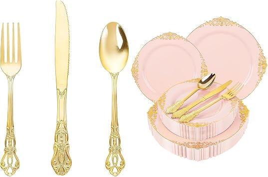 90 Pieces Gold Plastic Silverware & Joyido 125PCS Pink and Gold Plastic Plates