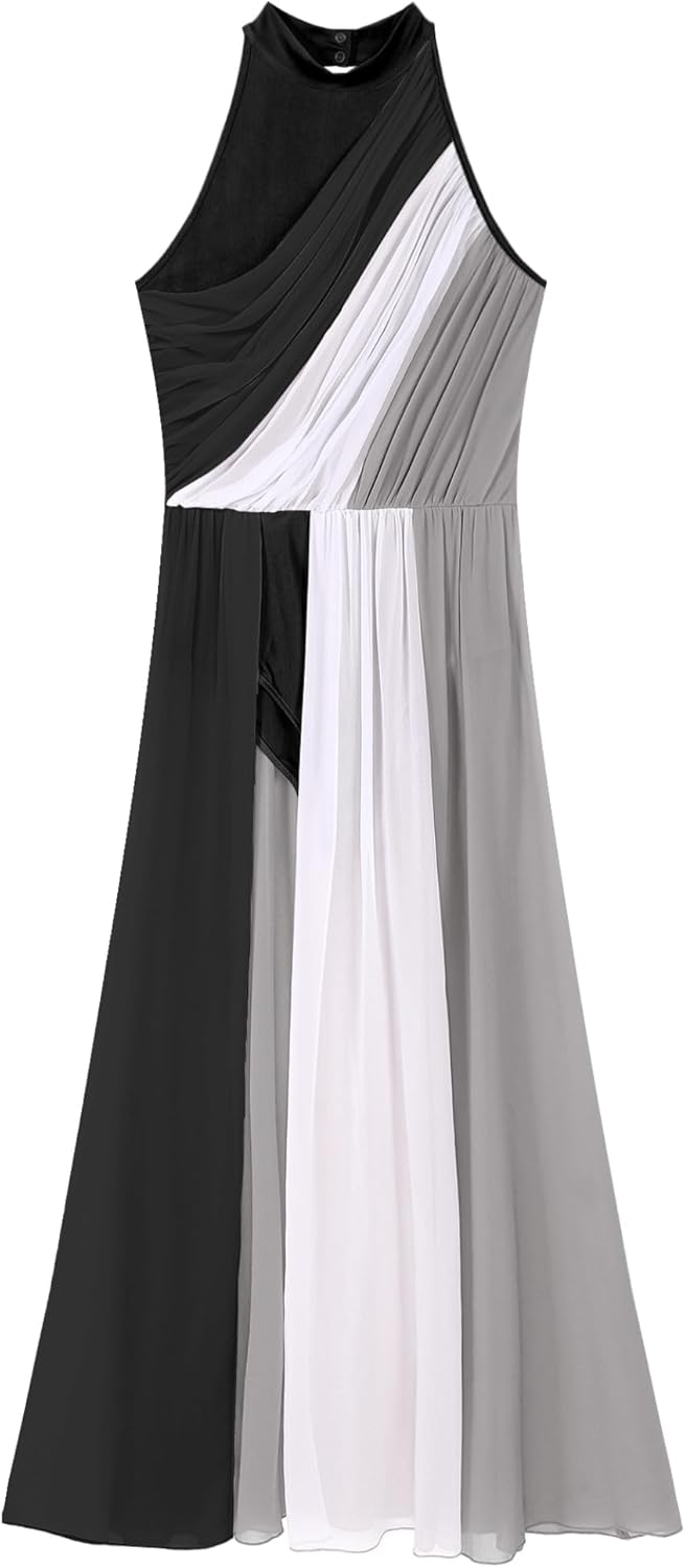 Women Lyrical Modern Contemporary Dance Costume Leotard Color Block Sleeveless Split Tulle Skirt Flowy Overlay Dress F1009Black XX-Large