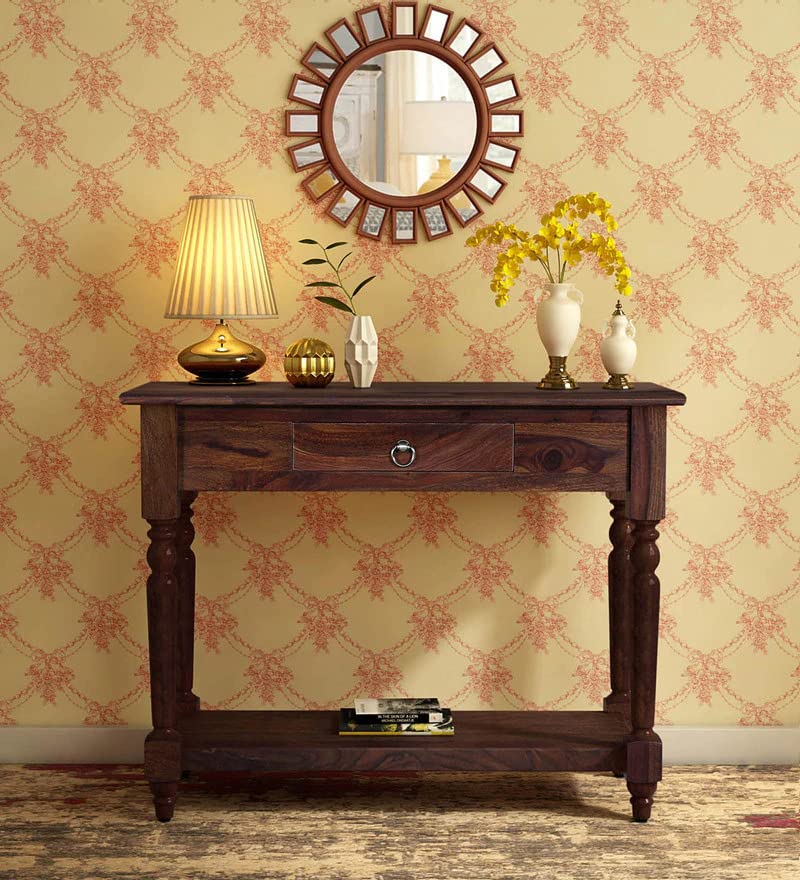 Image of Solid Sheesham Wood Console Table for Living Room | Entryway Hallway Sofa & Fish Tank Table with Drawer & Shelf Storage | Walnut Brown Finish