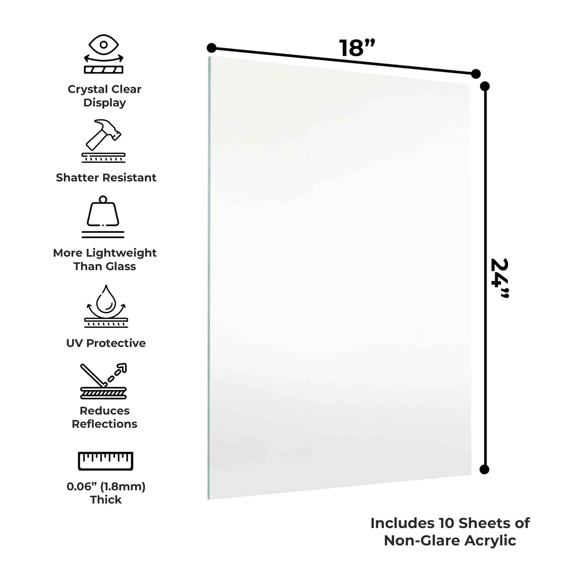 Poster Palooza 10-Pack of 18x24 inch Non Glare Acrylic/Plexiglass Sheets (1.5mm Thickness), Transparent Clear Flexible Panels for Picture Frames, Craft, Sign Blanks, DIY Display Projects