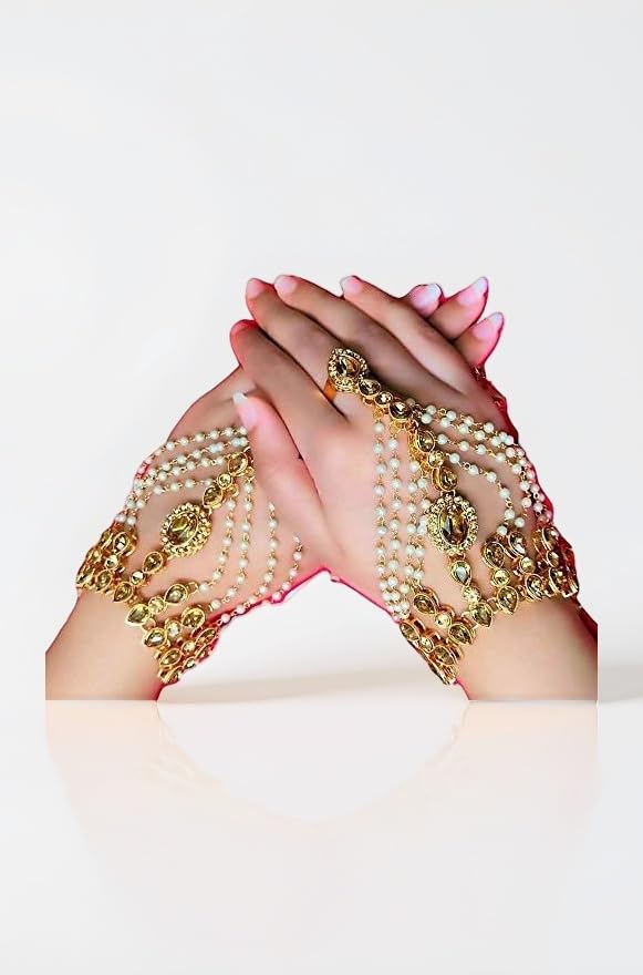 Gold Plated Pearl Hath Phool Hand Bracelet for Women and Girls