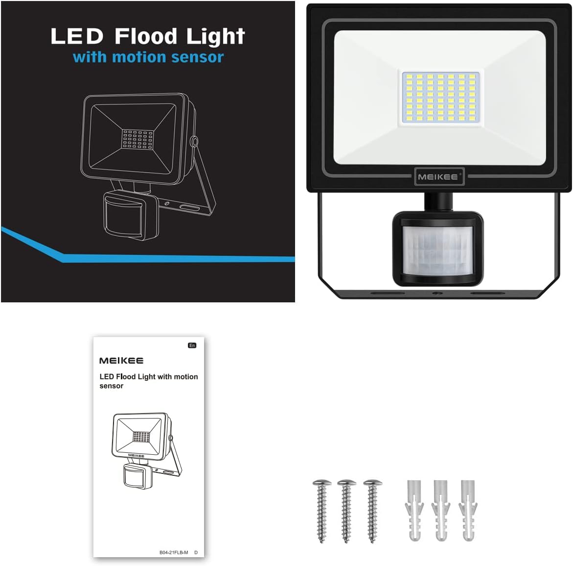 MEIKEE LED Flood Light manual and mounting hardware