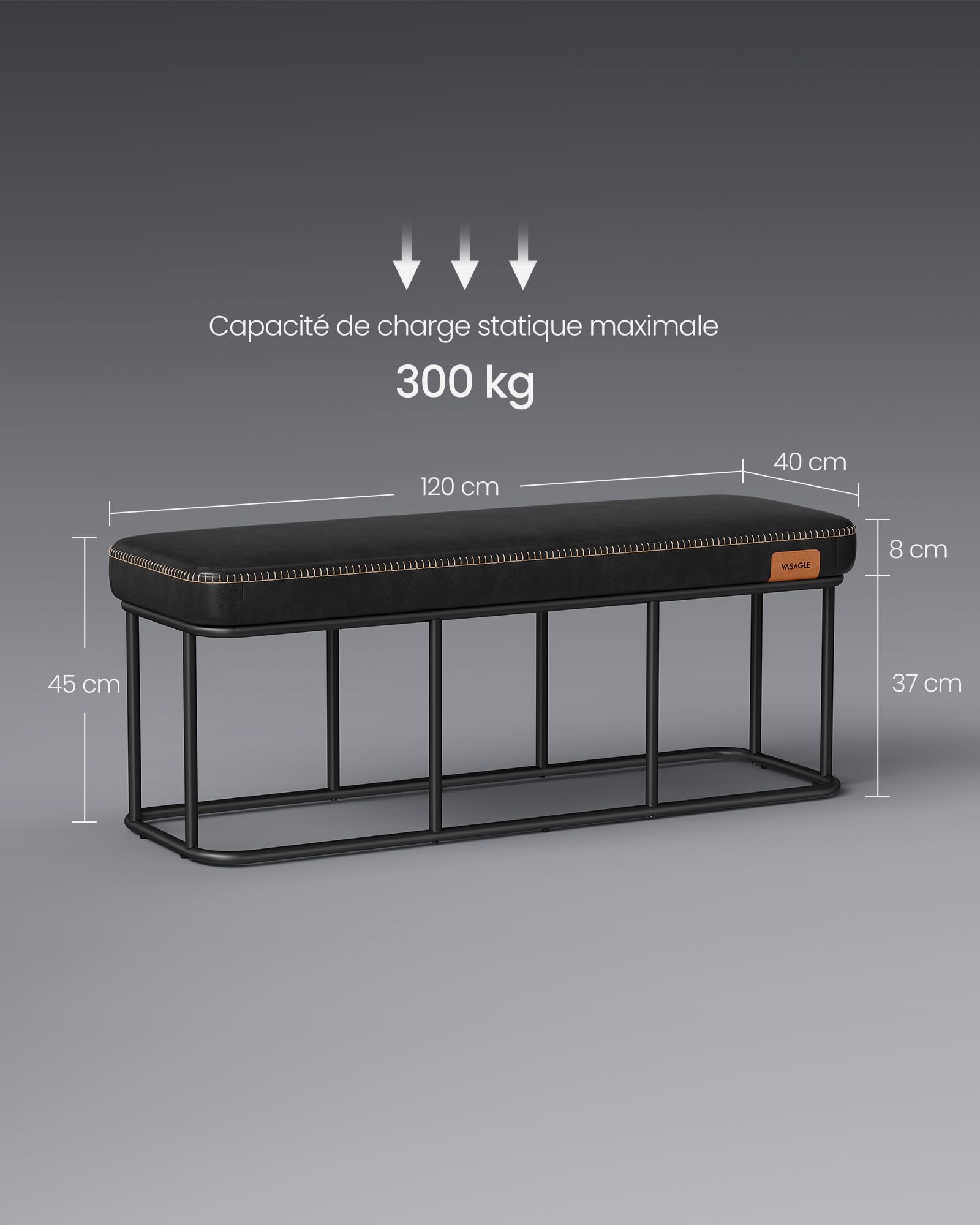 VASAGLE EKHO Collection - Banc pour Entrée, Chambre, PU avec Coutures, Bout de Lit, Cadre en Acier, pour Salon, Salle à Manger, Moderne Mi-siècle, Capacité de 300 kg, Noir d'encre LOM073B01