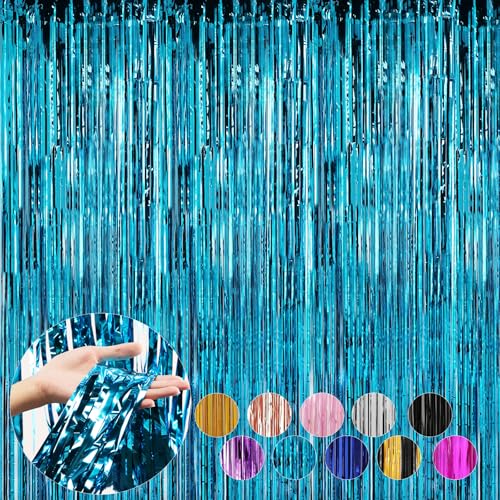 Image of 4 Pack Baby Blue Foil Fringe Curtains Door Streamers Party Decorations 3.3 x 8.2 ft, Tinsel Curtain Fringe Backdrop for Parties, Door Fringe Birthday Streamers, Photo Booth Backdrops, Party Decor