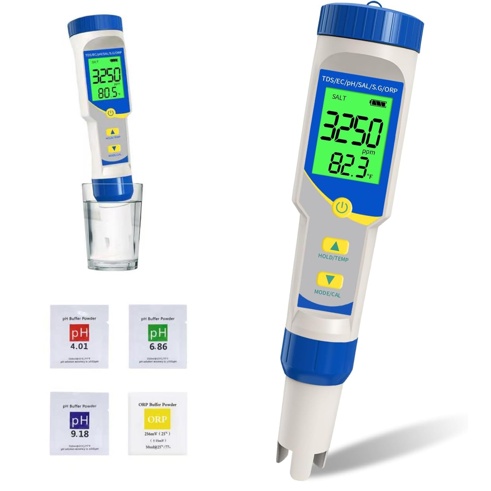 Tester di sale per piscine con misuratore di sale pH ORP, kit digitale per test della salinità dell'acqua ad alta precisione, misuratore di cloro e termometro di lettura, per piscine di acqua salata S